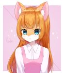  1girl :t animal_ears bangs blue_eyes blush border cat_ears cat_girl closed_mouth commentary dress english_commentary eyebrows_visible_through_hair flat_chest furry heart heart_in_eye light_blush long_hair long_sleeves methynecros orange_hair original outside_border pinafore_dress pink_background pink_dress pout romaji_commentary romaji_text shiny shiny_hair shirt sidelocks simple_background sleeveless sleeveless_dress solo sparkle symbol_in_eye talking translated tsundere upper_body v-shaped_eyebrows white_border white_shirt 