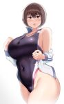  1girl black_swimsuit breasts brown_eyes brown_hair commentary_request competition_swimsuit cowboy_shot huge_breasts jacket looking_at_viewer one-piece_swimsuit original short_hair simple_background solo swimsuit tsukunendo whistle whistle_around_neck white_background white_jacket 