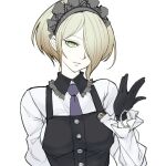  1girl black_gloves blonde_hair dangan_ronpa frills gloves green_eyes hair_over_one_eye looking_at_viewer maid maid_day maid_headdress necktie neckwear new_dangan_ronpa_v3 ngra201 parted_lips purple_neckwear short_hair simple_background sketch smile solo upper_body white_background 