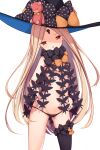  1girl abigail_williams_(fate/grand_order) absurdres bangs black_bow black_headwear blonde_hair blush bow breasts fate/grand_order fate_(series) hat highres irokari keyhole long_hair looking_at_viewer multiple_bows navel orange_bow parted_bangs polka_dot polka_dot_bow red_eyes simple_background single_thighhigh small_breasts stuffed_animal stuffed_toy teddy_bear thigh-highs white_background 