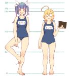  2girls ahoge barefoot blonde_hair blue_hair book breasts commentary_request glasses hair_ribbon height_chart highres i-19_(kantai_collection) i-8_(kantai_collection) kantai_collection large_breasts long_hair low_twintails multiple_girls name_tag opaque_glasses red_eyes ribbon school_swimsuit standing swimsuit translation_request tri_tails twintails uyama_hajime 