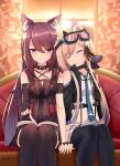  2girls absurdres animal_ear_fluff animal_ears arknights bangs black_legwear blonde_hair blush book brown_legwear cardigan_(arknights) cat_ears cat_girl chinese_commentary choker closed_eyes commentary_request couch detached_sleeves dog_ears dog_girl eyebrows_visible_through_hair fingerless_gloves gloves goggles goggles_on_head highres holding_hands knees_together melantha_(arknights) multiple_girls necktie oripathy_lesion_(arknights) purple_hair reading sitting skirt smile thigh-highs turning_head violet_eyes xiongbazhihe 