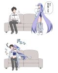  1boy 1girl absurdres akitokage01 ass bare_shoulders bow commentary couch fate/grand_order fate_(series) fujimaru_ritsuka_(male) hair_bow highres meltryllis meltryllis_(swimsuit_lancer)_(fate) purple_hair simple_background sitting sitting_on_lap sitting_on_person thighs translation_request 