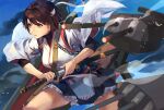  1girl apron black_hair black_skirt cannon cowboy_shot frilled_skirt frills fukazaki hakama_skirt headband highres hyuuga_(kantai_collection) japanese_clothes kantai_collection machinery red_eyes remodel_(kantai_collection) short_hair skirt solo sword turret undershirt weapon white_headband white_sleeves 