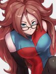  1girl android_21 black-framed_eyewear blue_eyes breasts checkered checkered_dress closed_mouth dragon_ball dragon_ball_fighterz dress earrings glasses grey_background hair_between_eyes hoop_earrings jewelry kemachiku large_breasts long_hair looking_at_viewer redhead simple_background solo 