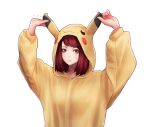  1girl arms_up artist_name asian bangs breasts closed_mouth commentary cosplay english_commentary gen_1_pokemon hood hood_up kigurumi long_sleeves looking_at_viewer medium_hair momotsuki_nashiko nose nostrils ony_saputra pikachu pikachu_(cosplay) pokemon puffy_long_sleeves puffy_sleeves real_life red_eyes redhead simple_background solo upper_body white_background 