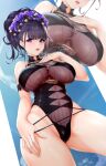  1girl artist_name bangs black_hair black_swimsuit blunt_bangs blush breasts covered_navel eyebrows_visible_through_hair fate/grand_order fate_(series) flower hair_flower hair_ornament hair_up highleg highleg_swimsuit highres large_breasts long_hair looking_at_viewer murasaki_shikibu_(fate) murasaki_shikibu_(swimsuit_rider)_(fate) one-piece_swimsuit open_mouth projected_inset signature solo swimsuit swimsuit_pull tied_hair toyoman violet_eyes 