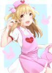  1girl absurdres apron bandaged_wrist blonde_hair blue_background border brown_eyes bunny_hair_ornament dress ear_grab fang fingernails hair_ornament hand_up hat heart highres holding holding_stylus hozuka long_hair looking_at_viewer nail_polish natori_sana nurse_cap open_mouth rabbit red_nails sana_channel sidelocks simple_background solo stuffed_animal stuffed_toy stylus two_side_up upper_body virtual_youtuber white_border white_dress 