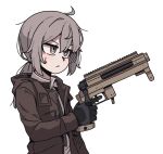  1girl ahoge blush bolt_action cheytac_m200 coat commentary frown girls_frontline gloves grey_hair gun kare m200_(girls_frontline) necktie obrez overcoat rifle short_ponytail simple_background sniper_rifle sweatdrop weapon white_background 