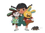  animal_crossing animal_ears argyle bangs black_eyes black_hair blunt_bangs blush_stickers braid bunny_tail cheek_squash collared_shirt commentary_request dark_skin dark-skinned_female facial_hair green_shorts holding hug kondate_(inugrm) long_sleeves looking_at_another mustache parted_hair rabbit_ears shirt shoes shorts simple_background sleeveless smile socks standing tail tarantula track_suit twin_braids uwabaki white_background white_footwear white_legwear zipper zipper_pull_tab 