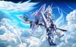 1girl absurdres axe blue_eyes clouds energy_axe floating_hair flying greatwhite1122 gundam gundam_unicorn highres holding holding_axe horns iridescent long_hair looking_at_viewer mecha_musume multicolored_hair personification revision silver_hair single_horn sky unicorn_gundam_perfectibility very_long_hair white_hair 
