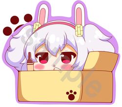  1girl :o absurdres animal_ears azur_lane bangs big_head bottle box cardboard_box chibi eyebrows_visible_through_hair fake_animal_ears hair_between_eyes hairband hand_up highres in_box in_container kurukurumagical laffey_(azur_lane) outline parted_lips purple_outline rabbit_ears red_eyes red_hairband sample sidelocks silver_hair solo twintails watermark white_background 