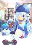  1girl :d ;) animal_ear_fluff animal_ears bangs beanie black_footwear black_shorts blue_eyes blue_headwear blue_jacket blurry blurry_background blush borrowed_character closed_mouth commentary_request depth_of_field ears_through_headwear eyebrows_visible_through_hair gen_4_pokemon glaceon hair_between_eyes hat indoors jacket knee_up kouu_hiyoyo long_hair one_eye_closed open_clothes open_jacket open_mouth original pokemon pokemon_(creature) shirt shoe_soles shoes short_shorts shorts silver_hair sleeveless sleeveless_shirt smile thigh-highs very_long_hair white_legwear white_shirt 