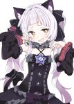 1girl animal_ear_fluff animal_ears black_dress blush brown_eyes cat_ears detached_sleeves dress hololive ixy long_hair looking_at_viewer murasaki_shion open_mouth simple_background smile solo twintails virtual_youtuber white_background white_hair 