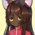  1girl animal_ears artist_name bangs blush brown_hair cat_ears cat_girl chromatic_aberration closed_mouth commentary dark_skin dark-skinned_female english_commentary expressionless eyebrows_visible_through_hair face fita_(methynecros) furry jacket light_blush long_hair looking_at_viewer methynecros original red_jacket shiny shiny_hair sidelocks simple_background solo upper_body very_dark_skin watermark yellow_background yellow_eyes zipper 