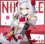  1girl armor armored_dress artist_request bangs braid braided_bangs breasts chain character_name dated dress flower gauntlets genshin_impact green_eyes hair_flower hair_ornament medium_breasts noelle_(genshin_impact) official_art petals red_flower red_rose rose short_hair shoulder_armor silver_hair simple_background smile solo 