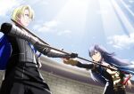  1boy 1girl alternate_costume blue_eyes clouds dimitri_alexandre_blaiddyd fire_emblem fire_emblem:_three_houses fire_emblem_awakening garreg_mach_monastery_uniform gauntlets highres lucina_(fire_emblem) polearm sky spear sukkirito_(rangusan) sword tiara weapon wooden_sword 