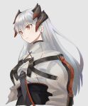  1girl arknights bangs black_skirt commentary_request earrings eyebrows_visible_through_hair grey_background highres horns jacket jewelry karashino long_hair long_sleeves orange_eyes saria_(arknights) silver_hair simple_background skirt solo upper_body white_jacket 