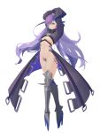  1girl absurdres armored_boots blue_choker blue_ribbon boots choker crotch_plate fate/extra fate/extra_ccc fate/grand_order fate_(series) full_body highres long_legs looking_at_viewer meltryllis midriff prosthesis prosthetic_leg purple_hair ribbon simple_background sleeves_past_fingers sleeves_past_wrists solo white_background 