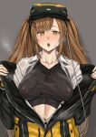 1girl absurdres blush bodysuit breasts brown_eyes brown_hair collarbone eyebrows_visible_through_hair eyewear_on_head girls_frontline grey_background highres jacket kuro_(zhurunbo1997) long_hair looking_at_viewer neck open_clothes open_jacket open_mouth open_shirt scar scar_across_eye shirt solo sweat sweatdrop twintails ump9_(girls_frontline) wet wet_clothes wet_shirt white_shirt 