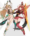  2girls blonde_hair breasts gonzarez highres large_breasts long_hair miniskirt multiple_girls mythra_(xenoblade) pyra_(xenoblade) red_eyes simple_background skirt sword weapon xenoblade_chronicles_(series) xenoblade_chronicles_2 