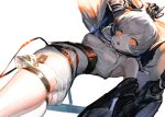  1girl arms_up ass bangs black_gloves breasts detached_sleeves dutch_angle fang gloves highres looking_at_viewer medium_breasts nonokuro open_mouth orange_eyes original simple_background skindentation solo upper_body white_background 