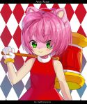  1girl ahoge amy_rose animal_ears argyle argyle_background artist_name bangs bare_shoulders blush character_name closed_mouth commentary dress eyebrows_visible_through_hair eyes_visible_through_hair flat_chest furry gloves green_eyes hairband hammer hand_up happy holding letterboxed light_blush methynecros pink_hair red_background red_dress red_hairband shiny shiny_hair short_hair simple_background sleeveless sleeveless_dress smile solo sonic_the_hedgehog standing upper_body v-shaped_eyebrows watermark white_gloves 