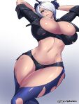  1girl absurdres angel_(kof) belt black_gloves blue_eyes breasts commission gloves gradient gradient_background grey_background highres looking_at_viewer looking_down navel parted_lips shiva_(johan-s) short_hair silver_hair skeb_commission smile solo the_king_of_fighters wide_hips 