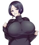  1girl black_jacket black_shirt black_sweater blue_eyes breasts camui_kamui earrings eyebrows eyelashes female highres huge_breasts jacket jewelry large_breasts looking_at_viewer mature original removing_jacket shirt short_hair simple_background smile sweater turtleneck turtleneck_sweater upper_body white_background wringing_clothes 