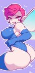  1girl ass bare_shoulders blue_legwear blue_leotard breasts commentary_request covered_nipples curvy elbow_gloves fang gloves highres large_breasts leotard noise_(lesion949) pixie_(megami_tensei) pointy_ears purple_background redhead shin_megami_tensei short_hair simple_background smug solo thick_thighs thigh-highs thighs wings 