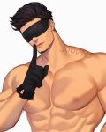  1boy abs artist_name beard black_gloves blindfold brown_hair character_request closed_mouth commentary commission copyright_request covered_eyes english_commentary facial_hair facing_viewer gloves highres jouvru male_focus muscle nipples pectorals shirtless simple_background solo symbol_commentary toned upper_body watermark white_background 