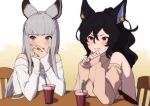  animal_ears bangs black_hair blue_eyes blunt_bangs blush cup drink drinking_straw ear_piercing erune fumita_grbl granblue_fantasy harvin ilsa_(granblue_fantasy) korwa long_hair long_sleeves piercing red_eyes silver_hair 