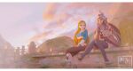  2girls absurdres blonde_hair forehead_tattoo hair_bun hair_ornament hair_stick hands_together highres hyrule_warriors:_age_of_calamity impa irisl long_hair looking_at_another multiple_girls pointy_ears princess_zelda silver_hair smile soaking_feet the_legend_of_zelda the_legend_of_zelda:_breath_of_the_wild toeless_legwear very_long_hair water 