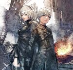  1boy 1girl black_dress black_gloves black_hairband black_jacket boots choker cleavage_cutout clothing_cutout commentary_request dress feather-trimmed_sleeves feather_trim fire gloves hairband highres holding holding_sword holding_weapon jacket juliet_sleeves long_sleeves machinery mole mole_under_mouth nier_(series) nier_automata no_blindfold outdoors patterned_clothing puffy_sleeves short_hair shukei smoke square_enix sword thigh-highs thigh_boots weapon white_hair wreckage yorha_no._2_type_b yorha_no._9_type_s 