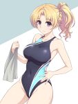  1girl black_swimsuit blonde_hair braid breasts commentary_request competition_swimsuit cowboy_shot french_braid grey_background idolmaster idolmaster_cinderella_girls kiryuu_tsukasa_(idolmaster) long_hair looking_at_viewer medium_breasts one-piece_swimsuit pataneet ponytail solo standing swimsuit towel two-tone_background violet_eyes wavy_hair white_background white_towel 