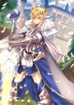  1girl ahoge armor armored_dress artoria_pendragon_(all) artoria_pendragon_(lancer) braid cape capelet crown_braid dutch_angle fate/grand_order fate_(series) feathers french_braid grass hair_between_eyes highres keisuke_desu~ looking_at_viewer planted_weapon rhongomyniad saber solo spread_legs thigh-highs thighs weapon white_capelet 