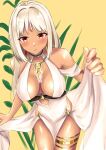  1girl azur_lane blush body_markings breasts breasts_apart center_opening cocktail_dress dark_skin dark-skinned_female dress dress_lift evening_gown facial_mark forehead_mark gold_choker grey_hair jewelry large_breasts leaning_forward massachusetts_(azur_lane) massachusetts_(dressed_to_impress)_(azur_lane) necklace red_eyes revealing_clothes saku_32607991 short_hair solo thigh_strap white_dress 
