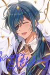  1boy bangs black_jacket blue_hair blush closed_eyes collarbone commentary_request confetti earrings eyebrows_visible_through_hair eyepatch facing_viewer genshin_impact grey_background happy_birthday highres jacket jewelry kaeya_(genshin_impact) long_hair low_ponytail male_focus ponytail shirt solo streamers tiny_(tini3030) upper_body white_shirt 
