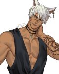  1boy animal_ears arm_tattoo artist_name black_choker cat_ears cat_tail character_request choker collarbone commentary commission dark_skin earrings english_commentary facial_mark final_fantasy final_fantasy_xiv fingernails hair_between_eyes jewelry jouvru looking_at_viewer male_focus muscle necklace pectorals sharp_fingernails short_hair simple_background single_earring sleeveless smile solo symbol_commentary tail tattoo upper_body watermark white_background white_hair 
