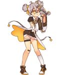  +_+ 1girl asymmetrical_legwear collared_dress cz-2000_(girls_frontline) detached_sleeves full_body girls_frontline grey_hair hair_ornament hair_ribbon one_eye_closed ribbon rtil shoes short_hair socks solo standing symbol-shaped_pupils twintails white_legwear yellow_eyes yellow_ribbon 