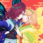  2girls :d black_gloves blush butterfly_wings cheek-to-cheek closed_eyes facial_mark fairy_wings fingernails fire_emblem fire_emblem_heroes gloves hair_over_one_eye hair_vines highres japanese_clothes kimono misato_hao multicolored_hair multiple_girls open_mouth peony_(fire_emblem) plant pointy_ears purple_hair sash shimekazari signature smile thorns triandra_(fire_emblem) vines violet_eyes wings 