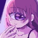  1girl collarbone commentary_request cyclops floating_hair hand_to_own_mouth limited_palette looking_at_viewer mntimccz one-eyed original pixel_art portrait purple_hair purple_theme sidelocks smile solo sparkling_eyes upper_body violet_eyes 