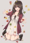  1girl absurdres autumn_leaves black_legwear brown_hair cardigan collarbone dress ginkgo_leaf grey_background highres kneeling leaf long_hair long_sleeves looking_at_viewer maple_leaf open_cardigan open_clothes open_mouth original outstretched_arms red_cardigan shoes simple_background smile socks solo unasaka_ryou violet_eyes white_dress 