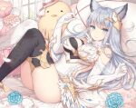  1girl animal_ears ass ayuanlv bare_shoulders bed black_legwear breasts dress elbow_gloves erune gloves granblue_fantasy grey_eyes hair_ornament hands_up highres korwa large_breasts legs_up long_hair looking_at_viewer lying mismatched_legwear on_back on_bed pillow short_dress sideless_outfit silver_hair smile solo stuffed_chicken thigh-highs thighs white_dress white_gloves white_legwear 