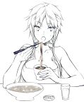  1girl bangs bare_shoulders bowl chopsticks collarbone commentary_request cup eating eyebrows_visible_through_hair facing_viewer food genderswap genderswap_(mtf) glass greyscale hair_ornament holding holding_chopsticks holding_food izumi_kouhei long_hair looking_at_viewer low_twintails monochrome noodles open_mouth pepper_fever simple_background sitting sleeveless solo twintails upper_body water white_background world_trigger 