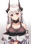  1girl aratake arknights bangs bare_shoulders black_choker blush breasts choker collarbone commentary_request crop_top eyebrows_visible_through_hair gradient gradient_background grey_background highres horns large_breasts long_hair long_sleeves looking_at_viewer midriff mudrock_(arknights) navel off_shoulder oripathy_lesion_(arknights) parted_lips pointy_ears red_eyes silver_hair solo sports_bra stomach upper_body white_background 