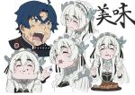  1boy 1girl absurdres ahoge bangs black_ribbon blue_hair blueberry blush chaika_trabant closed_eyes crossed_bangs crying crying_with_eyes_open dirty dirty_face eating food food_on_face fruit highres hitsugi_no_chaika holding holding_food holding_fruit multiple_views nose_drip nyum puffy_cheeks ribbon tears thick_eyebrows tooru_acura white_background white_hair 