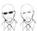  1boy bald beard closed_mouth collared_shirt commentary_request earrings face facial_hair final_fantasy final_fantasy_vii final_fantasy_vii_remake formal greyscale jacket jewelry looking_at_viewer male_focus mondi_hl monochrome multiple_views necktie rude_(ff7) shirt suit sunglasses sweatdrop 