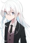  1girl alternate_costume black_neckwear blue_eyes buttons closed_mouth collared_shirt eyebrows_visible_through_hair formal hair_between_eyes hibiki_(kantai_collection) highres kantai_collection long_hair long_sleeves necktie shirt silver_hair simple_background solo suit tetuw upper_body white_background white_shirt 