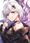  1girl :q alter_ego_malevolent_(granblue_fantasy) bangs bare_shoulders black_camisole black_jacket black_nails camisole commentary djeeta_(granblue_fantasy) eyebrows_visible_through_hair feather_boa finger_to_cheek granblue_fantasy grey_hair hair_ornament jacket kingyo_114 long_sleeves looking_at_viewer looking_back nail_polish off_shoulder pointing pointing_at_self red_eyes short_hair simple_background smile solo spaghetti_strap symbol_commentary tongue tongue_out upper_body white_background x_hair_ornament 